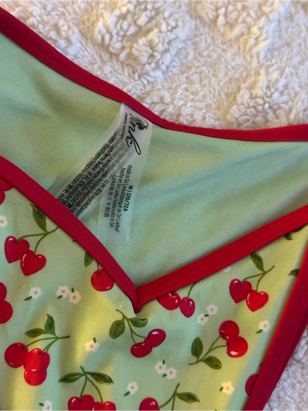 Frankie's Bikinis Cherry Print Triangle Bikini in Mint and Red SMALL - Picture 3 of 8